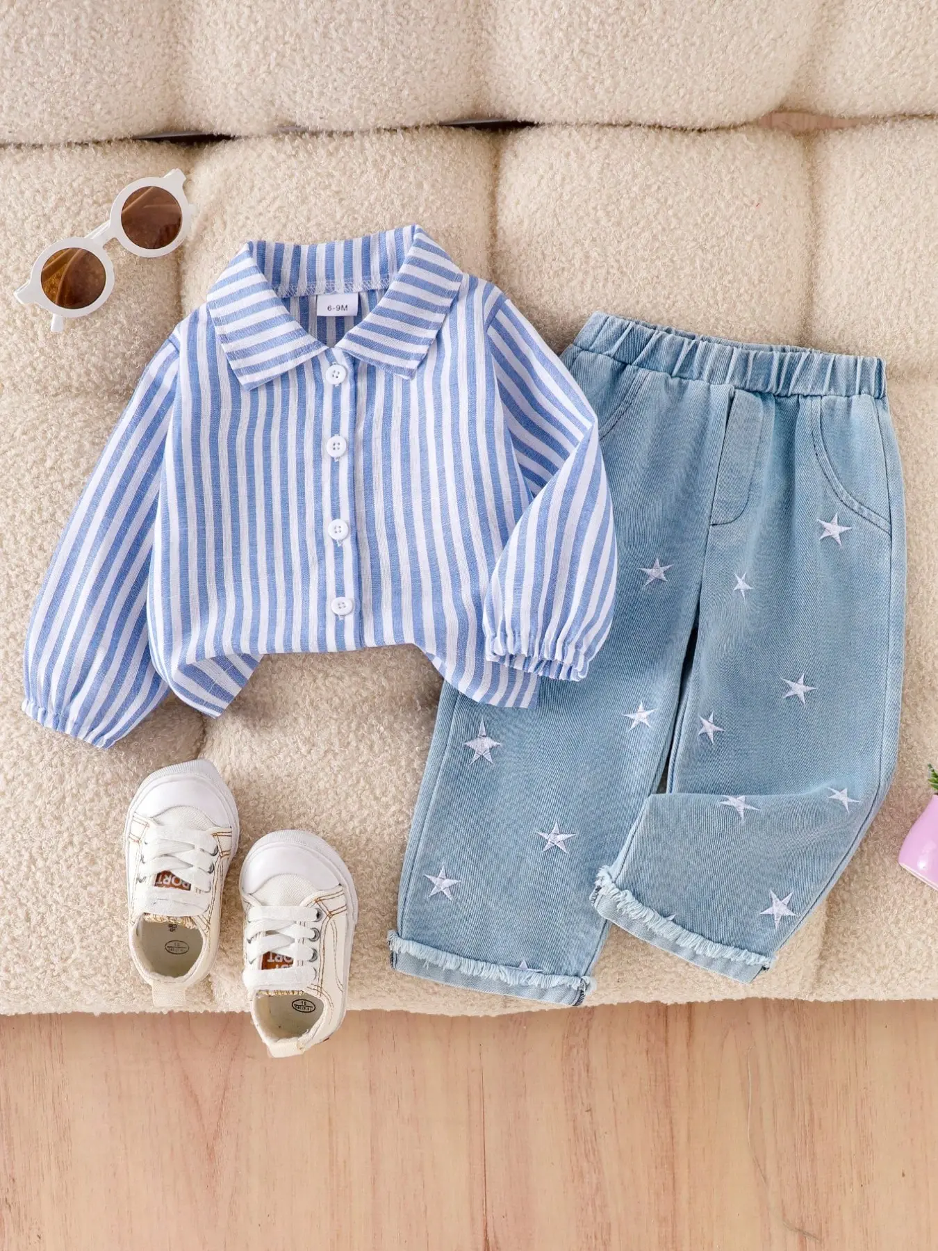 Girls' Spring Fall Casual 2-Piece Set, Striped Collar Long Sleeve Shirt and Star Embroidery Jeans, Comfortable and Stylish, Matching Outfits Set, Clothes Sets, Baby Girl Clothes