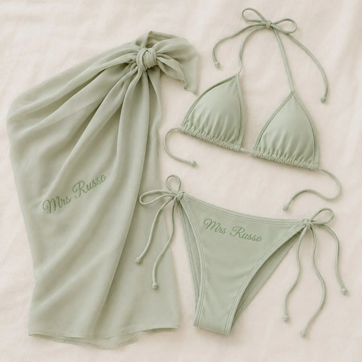 Personalized Bachelorette Bikini Set with Sarong, Embroidered Custom Name Bridal Swimwear for Bride Squad Trip