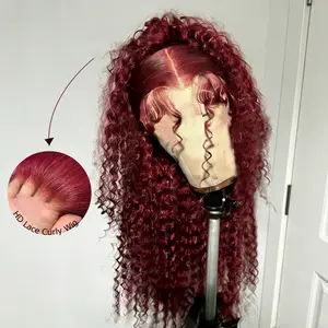 99J Burgundy Lace Front Wigs Human Hair 13x6 Deep Wave HD Lace Frontal Wigs Pre Plucked Human Hair Colored Curly Wigs for Women 30 Inch 180 Density