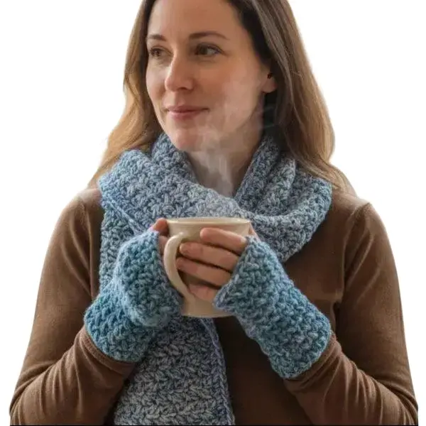 Handmade Crochet Keyhole Scarf and Fingerless Gloves Set for Women, 2-Piece Multicolor Winter Accessories with Breathable Stretch, Casual