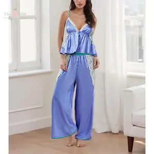 Women's Pajama Sets Lace Patchwork Spaghetti Strap Ruffled Cami Tops with Loose Pants 2Pcs Soft Sleepwear Loungewear Sleeveless