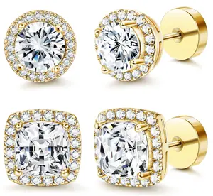Earrings 4-Piece Set, Gold & Silver Round and Square Style, Low Allergy Copper Plated Metal, Hypoallergenic Comfortable Daily Wear Fashion Jewelry, Come with Gift Box, Ideal Birthday Gift for Women