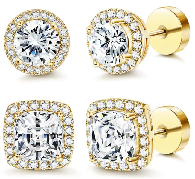 Women's 4-Piece Earring Stack, Gold-Tone & Silver Round/Plain Stud & Square Style, Non-Tarnish Low-Allergy Copper-Plated Metal, Pain-Free Hypoallergenic Daily Wear Fashion Jewelry, With Gift Box, Ideal Birthday Gift, Non Tarnish Earrings,summerwins,summer