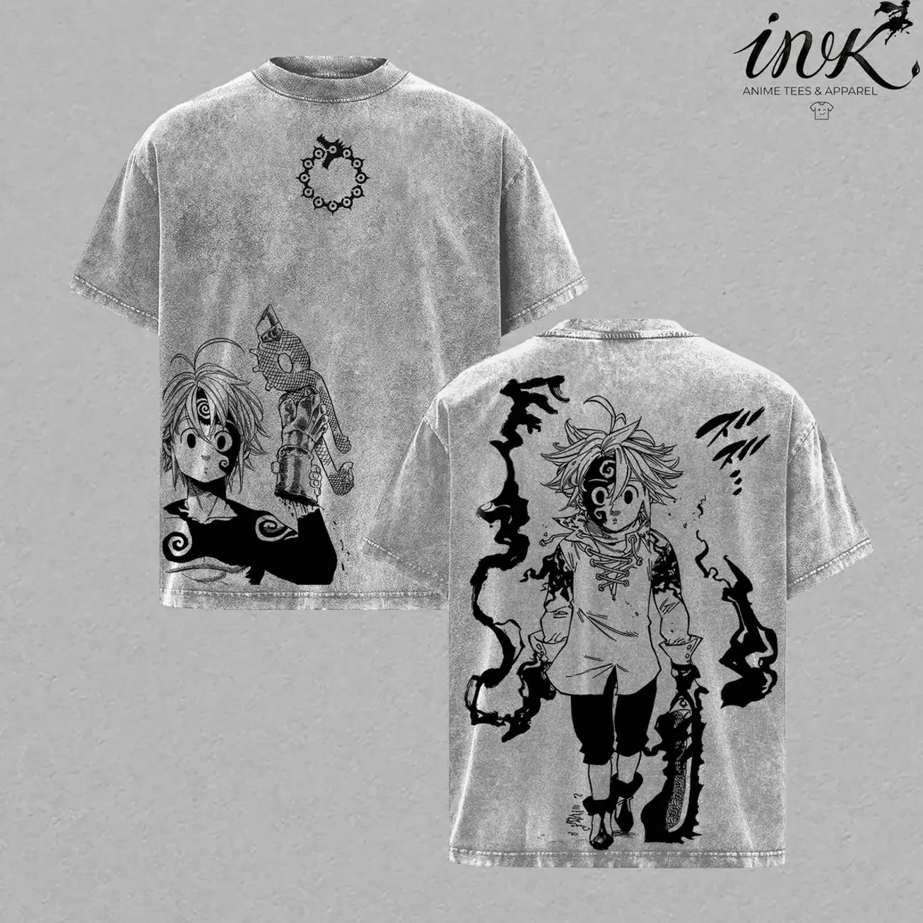 Meliodas Demon Form T-Shirt – Seven Deadly Sins Vintage Washed Oversized Anime Tee, Heavy Cotton Double Printed Graphic, Dark Aura Retro Streetwear Top, Unisex Gift for Anime & Manga Fans 0IE