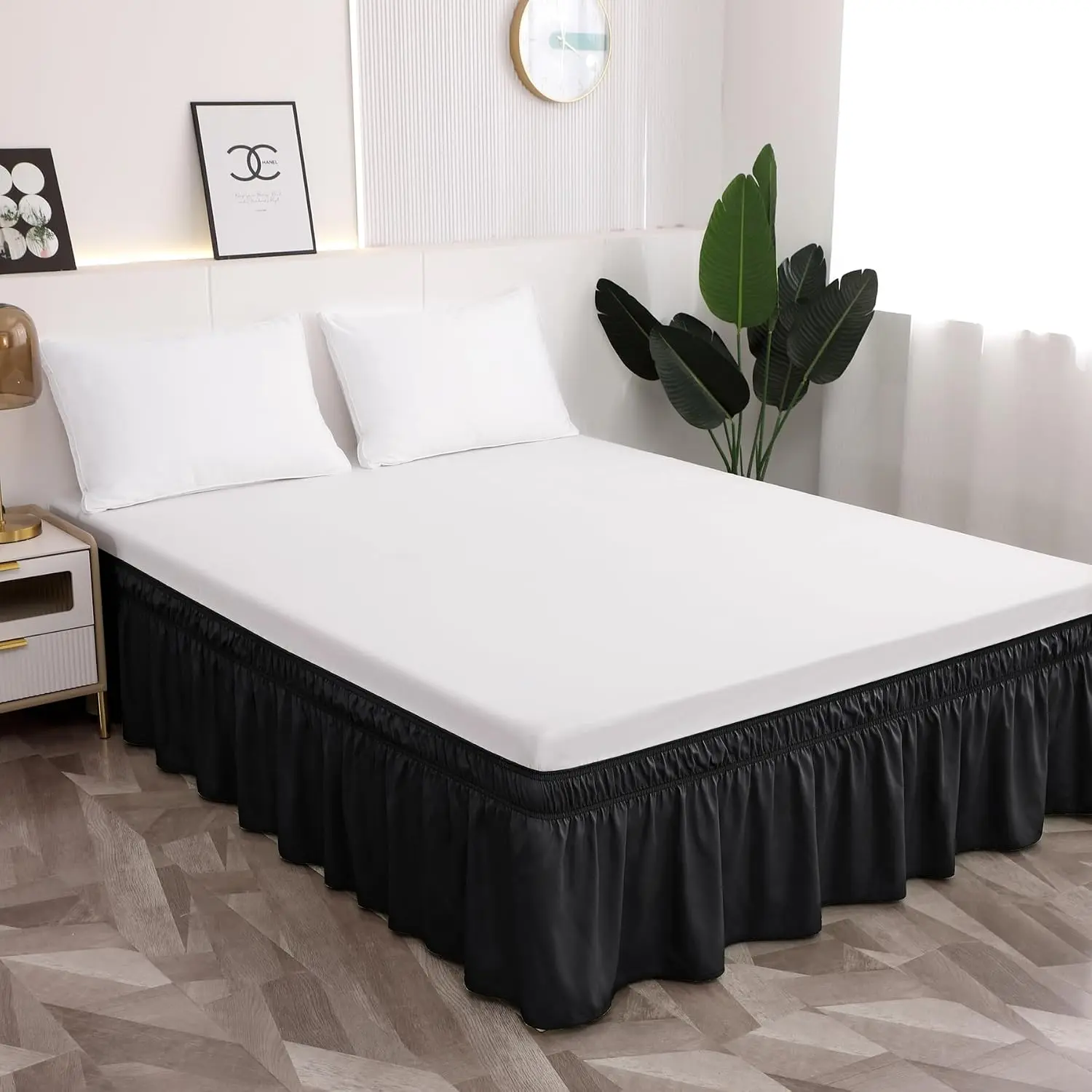 Easy to Install Wrap Around Bed Skirt Sides Elastic Dust Ruffled 16 Inch Tailored Drop, Fade Resistant-Black, Full