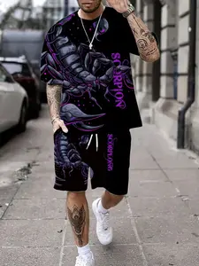 Summer Men's Trendy Scorpion Print Short Sleeve T-Shirt Set, Casual Sporty Loose Track Shorts Two-Piece, Geometric Pattern, Outfit, Menswear