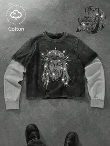 Men's Round Neck Long Sleeve T-Shirt, Cotton Feel Faux Two-Piece Hoodie, Jesus Faith Rhinestone Pattern, Casual Fashion, Comfortable Fit, Graphic, Fitted