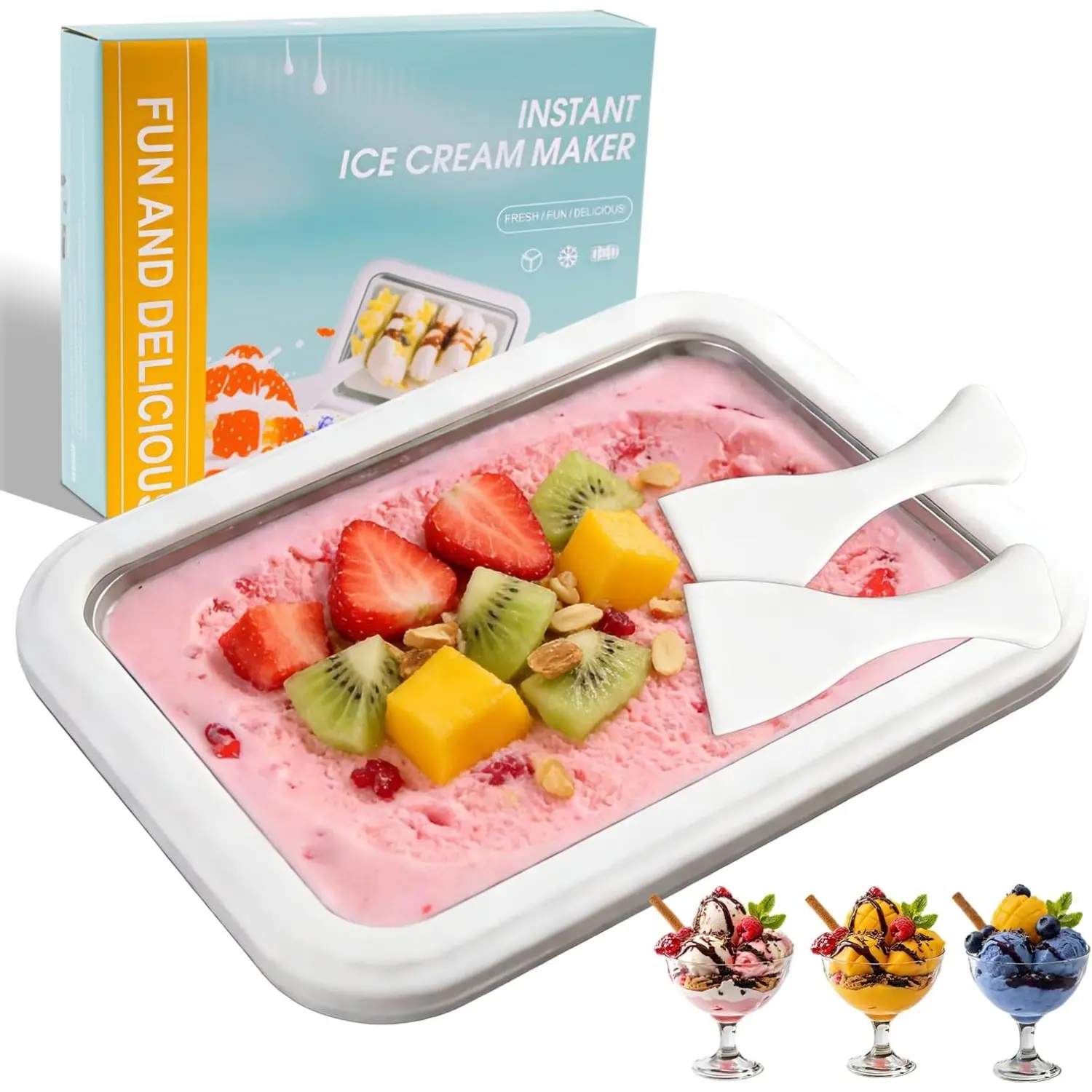 Arthink Instant Ice Cream Maker - 1 Food Grade 304 SS Rolled Tray, Easy-to-Operate Home-Use Specialty Kitchen Appliance for Friends, Home Users, Unlimited Frozen Desserts (Includes Spatula, Not Dishwasher Safe)