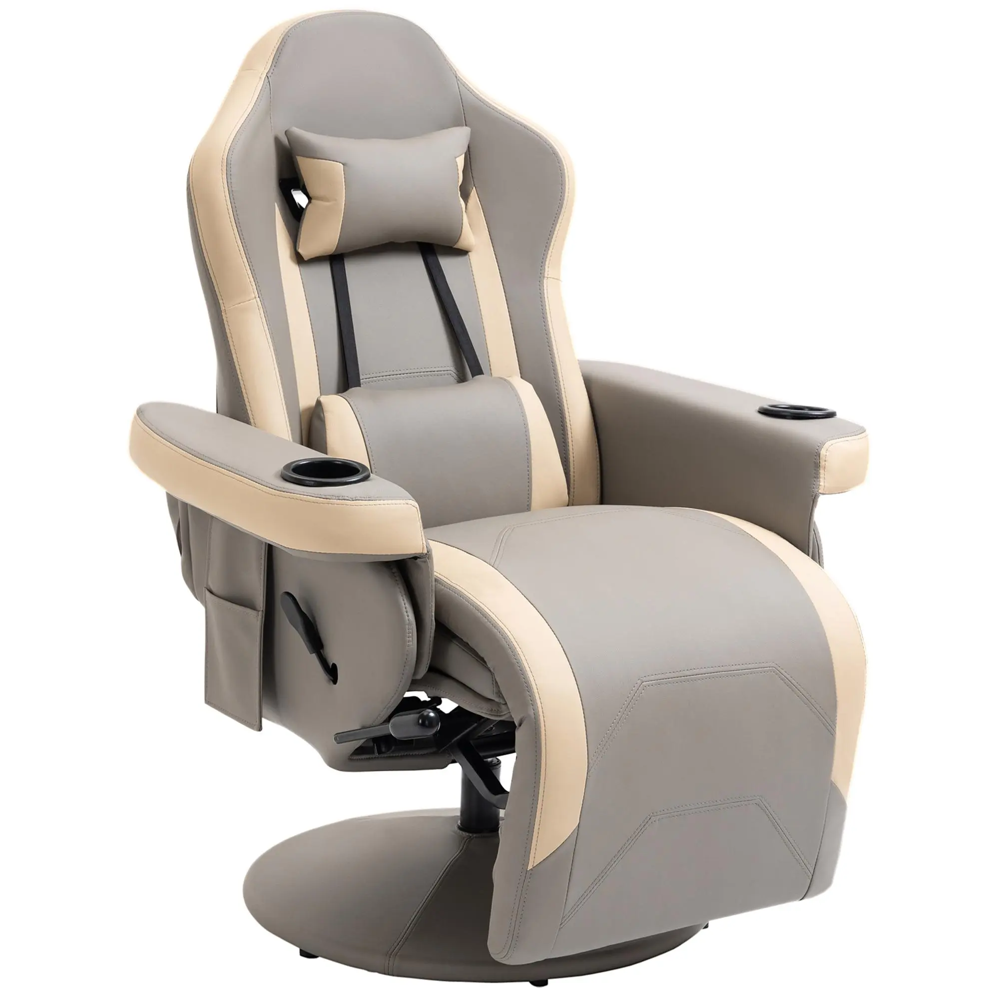HOMCOM Ergonomic Manual Armrest Recliner Chair, Artificial Leather Indoor Lounge with Adjustable Footrest, 135° Recline, 360° Swivel Recliners, Cup Holder, Storage Pocket, Armrest Recliners
