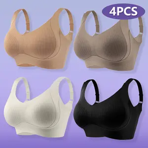4PCS Women's Solid Adjustable Strap Wireless Seamless Bra, Basic Breathable Comfortable Buckle Back Push Up Bra, Women's Lingerie for All Seasons, Bra Pack, Softness Lingerie Top for Daily Wear, lightweight underwear Elastic Fabric Womenswear Spandex Nylo
