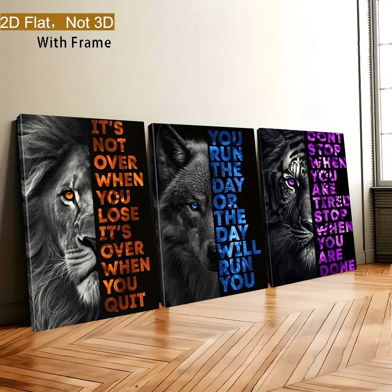 3-Piece Durable Wooden Framed Waterproof Glossy 2D Graphic Canvas Art Print Set - Lion-Wolf-Tiger Animal Posters with Inspirational Quotes, Fade-Resistant Home Decor for Gym, Kitchen (Thanksgiving, Independence Day, Chinese New Year, Labor Day, Hanukkah),