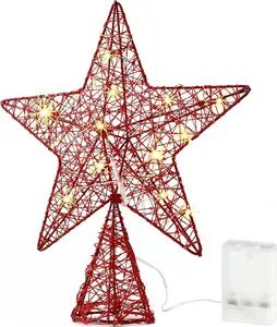 Christmas Tree Top Star with Beautiful LED Lights, Metal Glitter Xmas Star Tree Topper for Christmas Ornaments and Holiday Seasonal Décor (Red)