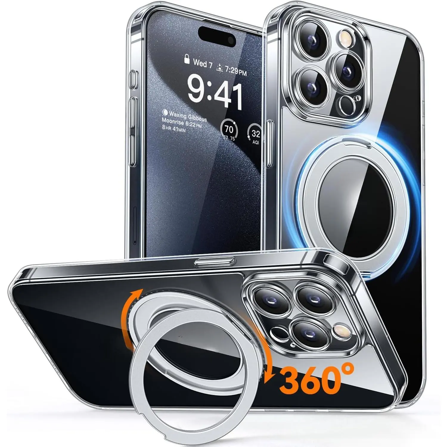 Phone cases for 360° Spin Magnetic Stand for iPhone 17 Pro Max 16 15 14 13 Pro Max Cases [Full Camera Protection] [Compatible with Magsafe] Non-Yellowing Shockproof Protective Kickstand Phone Cover  - Clear case for iphone 17 Pro Max
