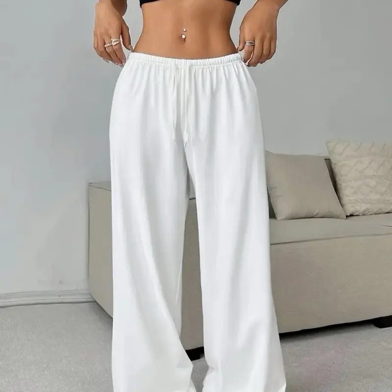 Baggy Wide Leg Lounge Sweatpants - White Comfortable Elastic Waist Women's Casual Pants for Everyday Wear