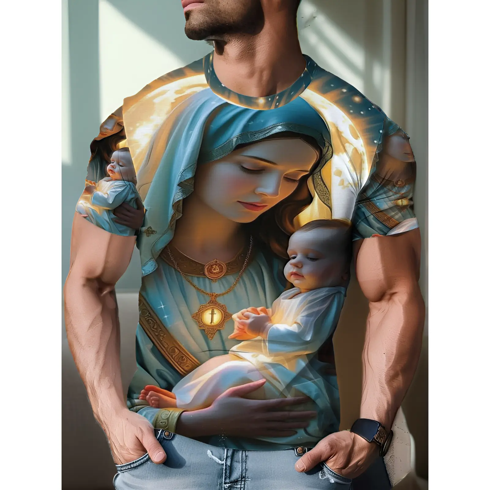 Religious Mother Mary Print T-Shirt for Spiritual Christian Worship And Church Events Perfect Gift for Men Devoted to Faith Christmas Holiday Celebration Easter Sunday And Religious Ceremonies Apparel, Plus Size