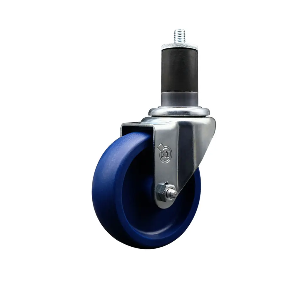 Service Caster SCC-EX20S414-SPUS-158 Swivel Chrome Caster, Solid Polyurethane Expanding Stem, 4 in. Blue Wheel, 1.63 in. Stem, 300 lbs Capacity, Heat-Treated Ball Bearing Raceway, for Equipment with Round or Square Tube Legs, Shop Projects, Work Tables