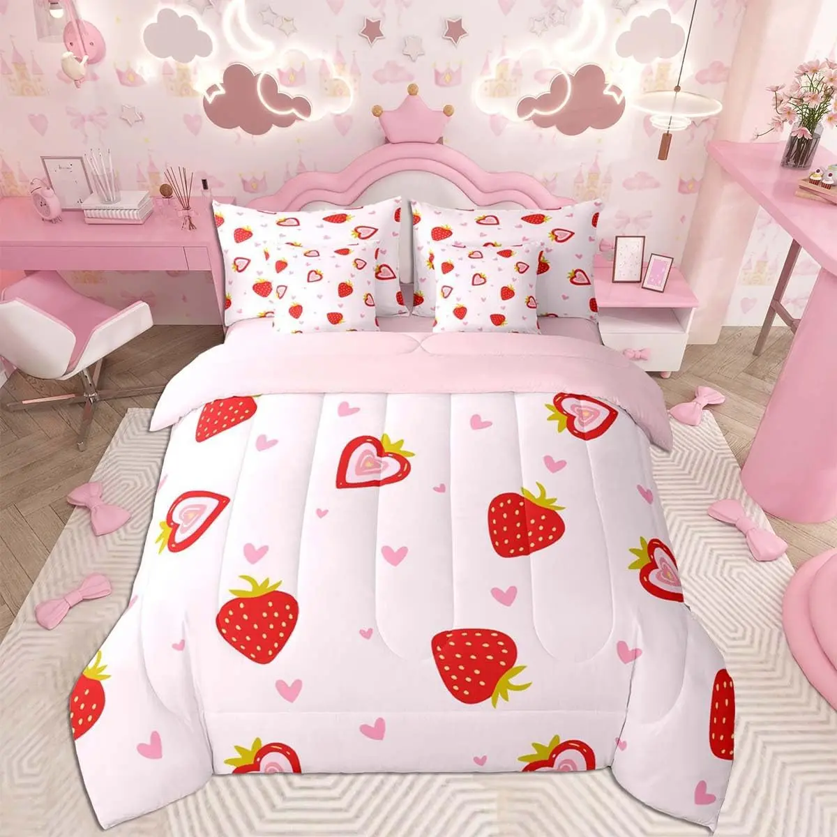 Strawberry Comforter Set with Sheets Kawaii 7 Pieces Bedding Set Cute Strawberry Bed in a Bag Heart Love Room Decor Romantic Soft Lightweight Microfiber