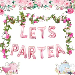 12PCS LET'S PAR TEA Balloons Tea Party Birthday Banner Decorations First Birthday Decoration Flower Garland