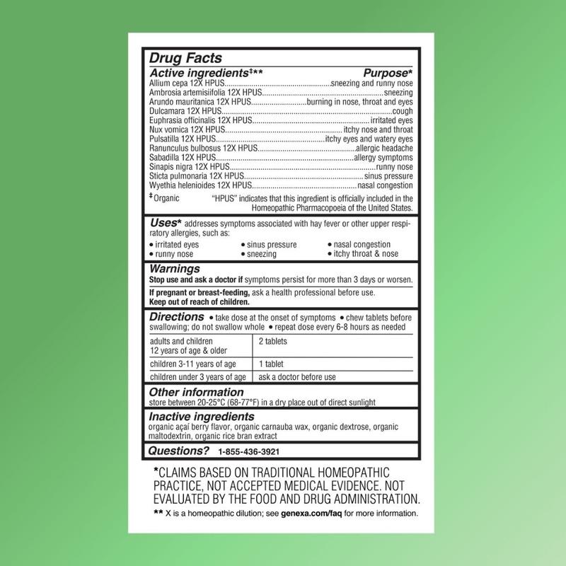 Genexa Allergy Care | Drug Free, Non-Drowsy Allergy & Decongestant Remedy for Adults | Vegan & Non-GMO | Homeopathic Allergy Relief Made Clean | Organic Acai Berry Flavor | Chewable Tablets