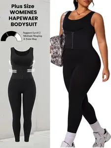 Plus Size Women's Seamless Ribbed Abdominal Control Bodysuit, Waist Waist Buackle,Comfortable Fit, Soft Elastic Fabric, Perfect Daily Wear,&Go OutAll Seasons