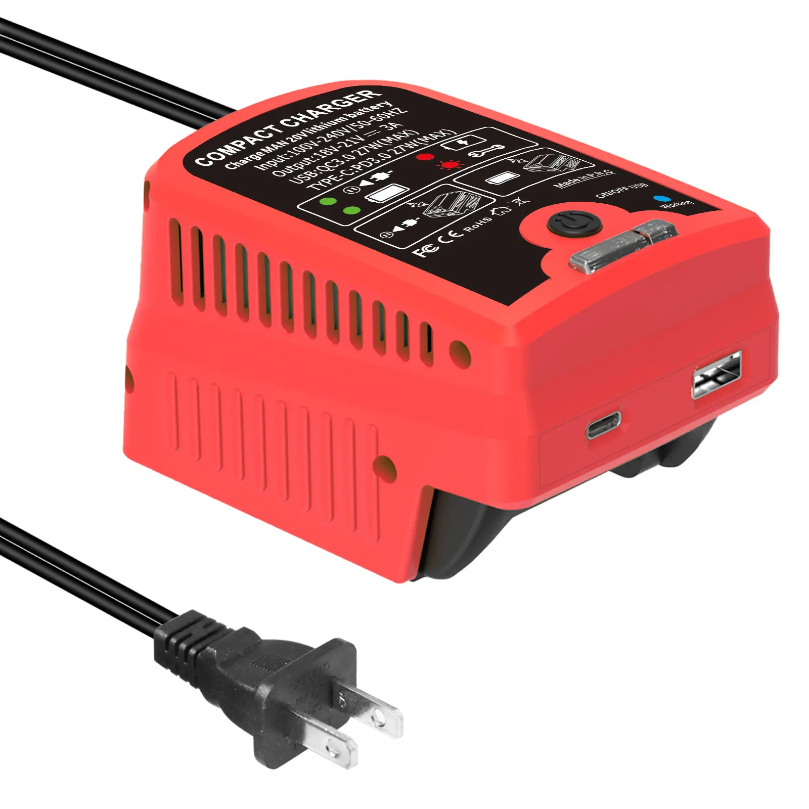 Mini Portable Charger for Craftsman V20 20V Lithium Battery, Dual USB-A & Type-C Emergency Power Bank, Full-Charge Music Alert, 100-240V US Plug