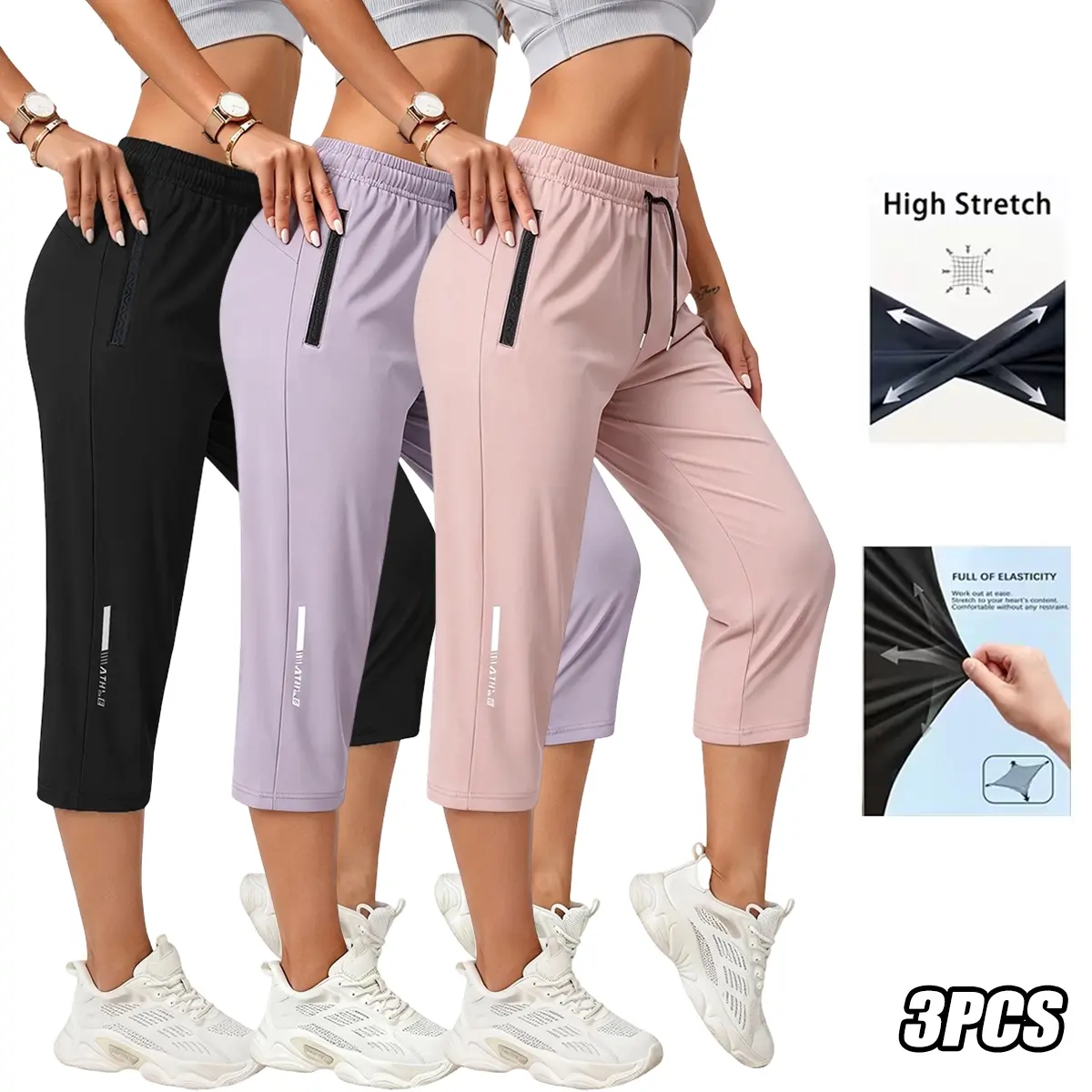 Women’s casual athletic pants, 3-pack; suitable for sports, fitness, running, and everyday wear; knee-length; sportswear; Pilates pants; women’s bottoms; womenswear; women’s athletic pants summer beach trip