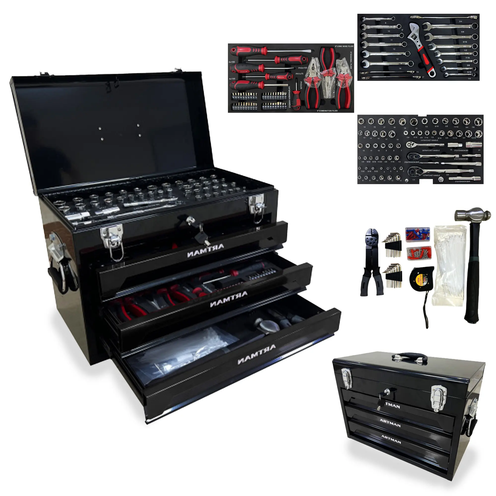 ARTMAN 20'' Portable 3-Drawer Steel Toolbox with 4 Layers Metal Latches Top Storage Tray & Carrying Handle for Garage Home Workbench
