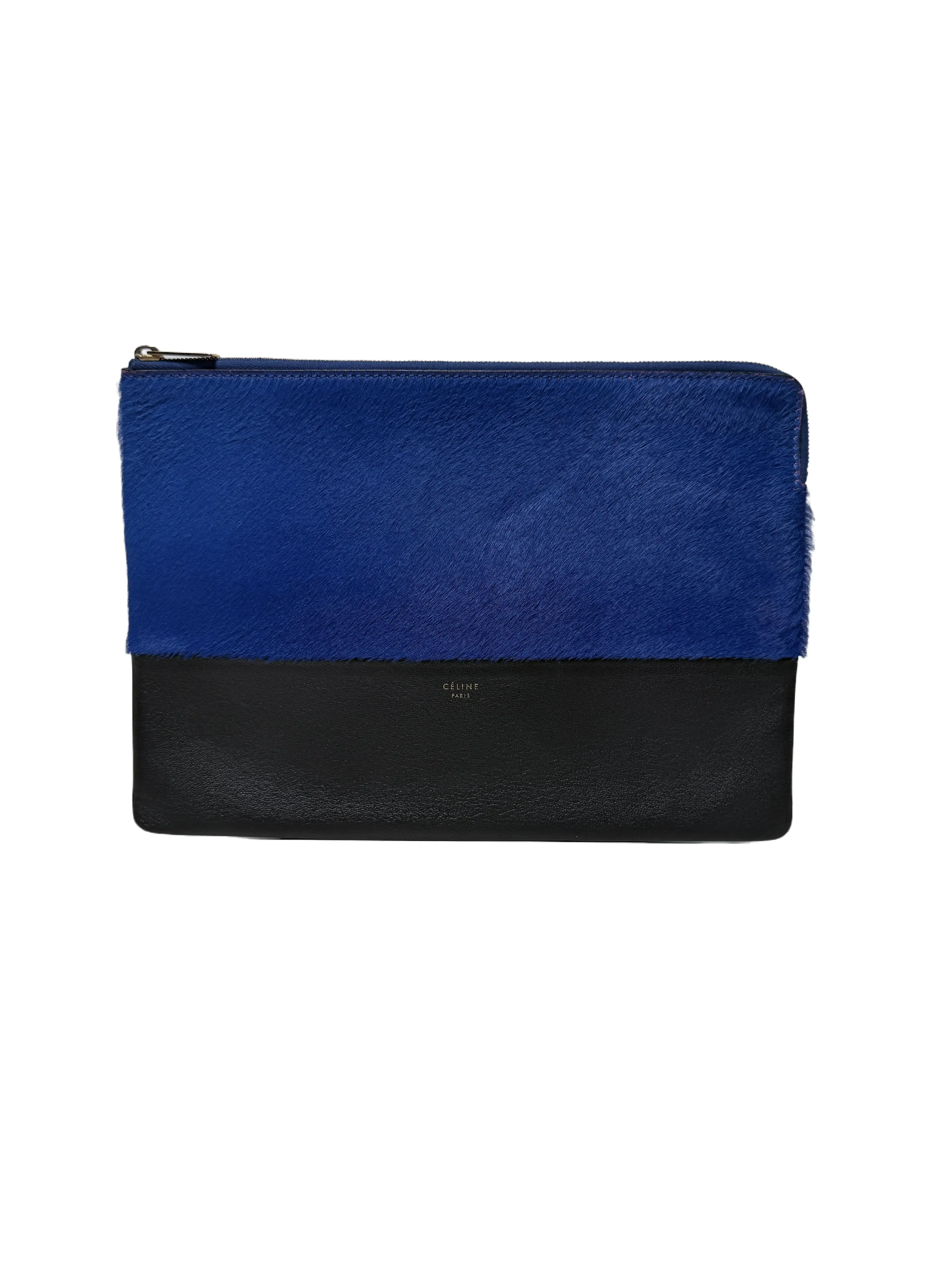 Pre-owned Celine Leather Clutches & Wristlets Authentic Céline Bi Color Clutch Pouch in Blue Pony Hair and Black JXCE5