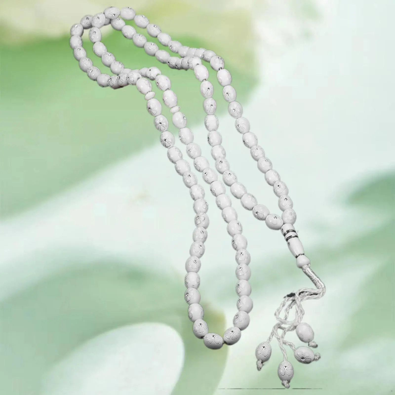 Elegant Beaded Necklace, Hand-Knotted Islamic Tasbih Prayer Beads, 99 White Acrylic Ovals with Plum-Flower Design for Ramadan, Flowers, Unisex, Religious, Plastic