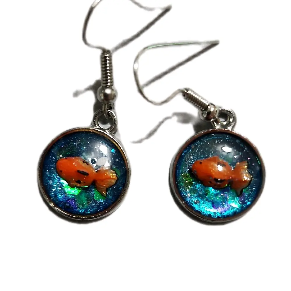 Japanese Style Blue Koi Fish Earrings with Glittery Background and Detailed Orange Koi Design