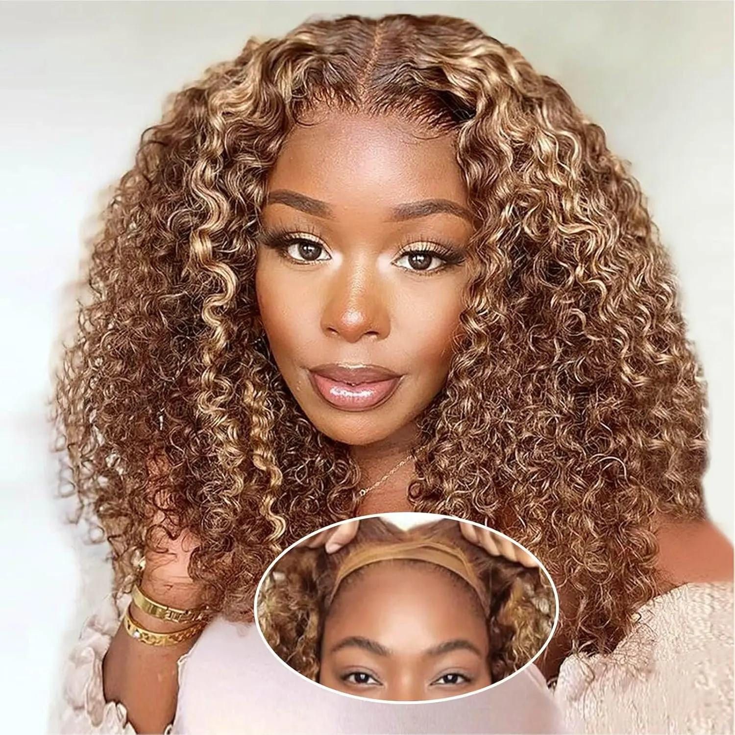 Highlight Blonde Wear and Go Glueless Curly Bob Wig Human Hair Pre Plucked, 4/27 Water Wave No Glue wigs,Pre cut Lace Front Wigs Human Hair for Women 180% Density 16 Inch