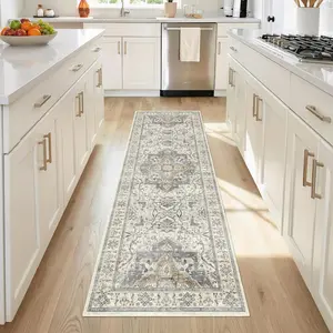 2x6 Washable Kitchen Runner Rug, Non Slip  Runner Rugs for Hallway, Ultra-Thin Low Pile Distressed Kitchen Rugs Non Skid, Machine Washable Laundry Entryway Indoor Carpet,Beige/Blue