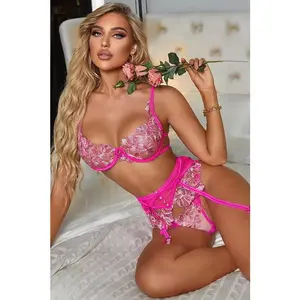 Hot Pink Daquiri Gartered Lingerie Bra Set with Floral Embroidery Sheer Bra Adjustable Straps Hook & Eye Back Closure Matching Thong Panty Faux Button Accents