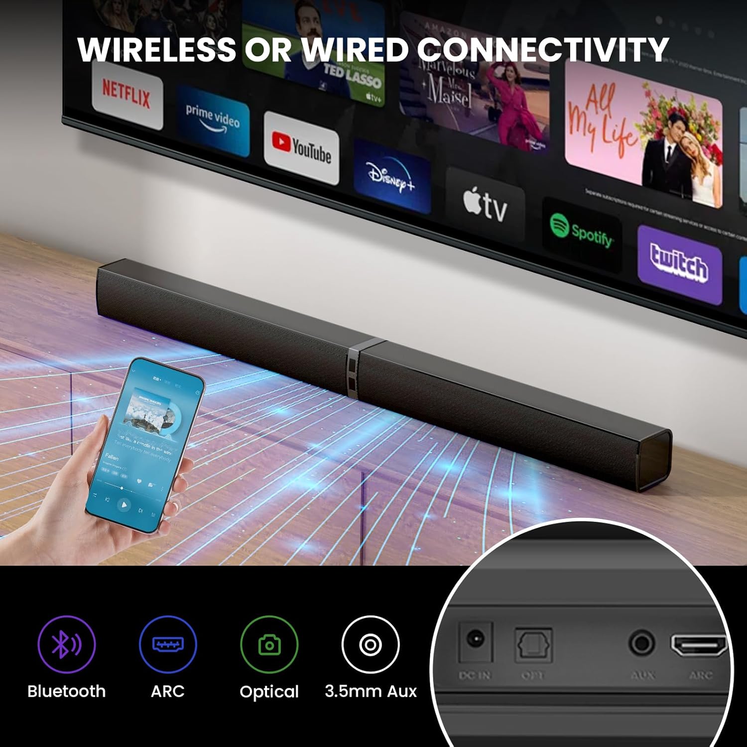 Sound Bar for Smart TV, 100W Wireless Bluetooth Soundbar with Deep Bass, 3D Surround Home Theater Audio System, HDMI ARC/Optical/AUX Compatible for TV/PC/Tablet/Game Console