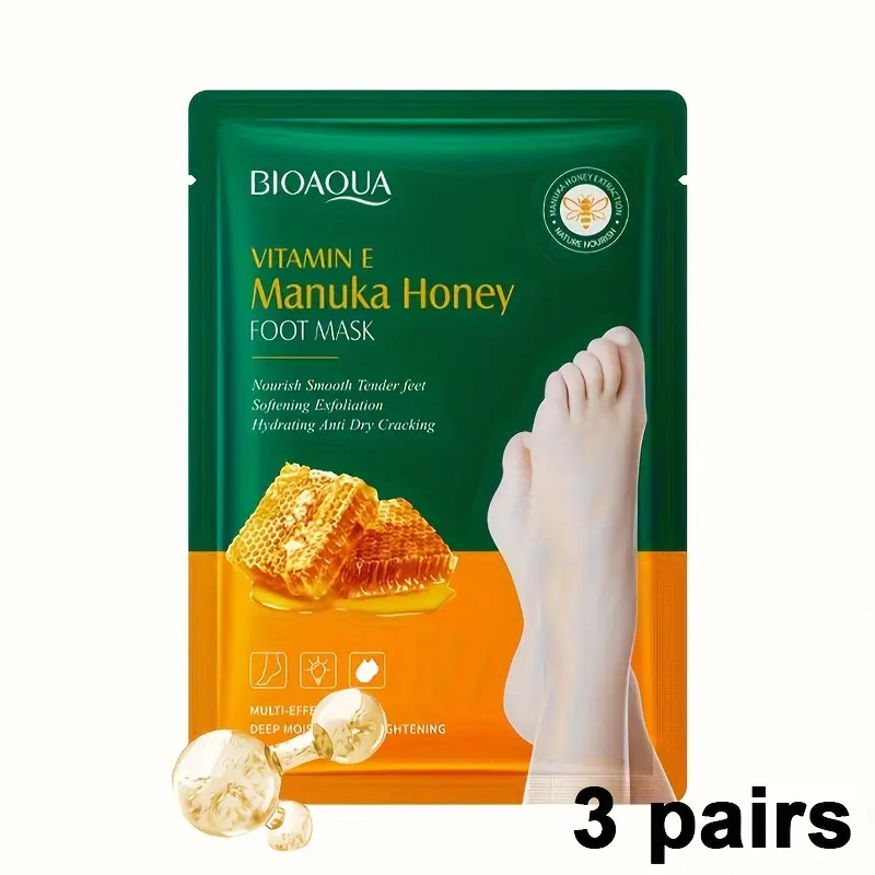 3 Pairs/ 1 Pair Bioaqua Vitamin E Manuka Honey Foot Masks- Foot Mask for Dry Cracked Feet, Hydrating, Moisturizing& Nourishing Each, Intensive Hydration to Revitalize Dry, Dehydrated Feet, Plant-Based Squalane, Feet Care Products