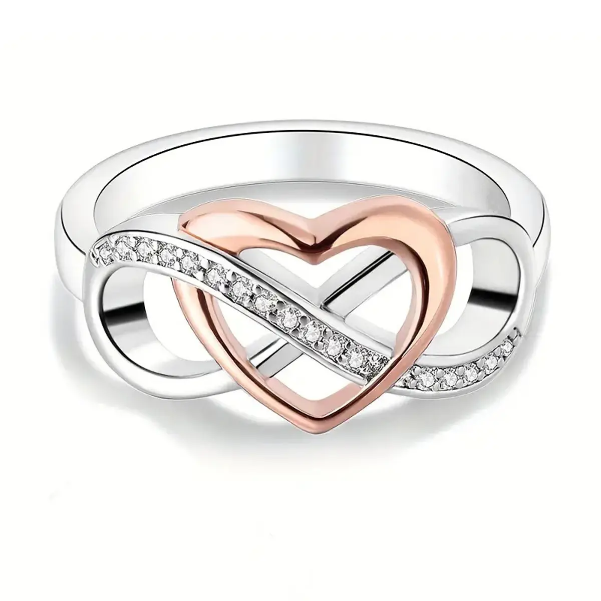 Two-Tone Infinity Heart Ring，Sparkling Crystal Inlaid ， Romantic Women's Promise Jewelry
