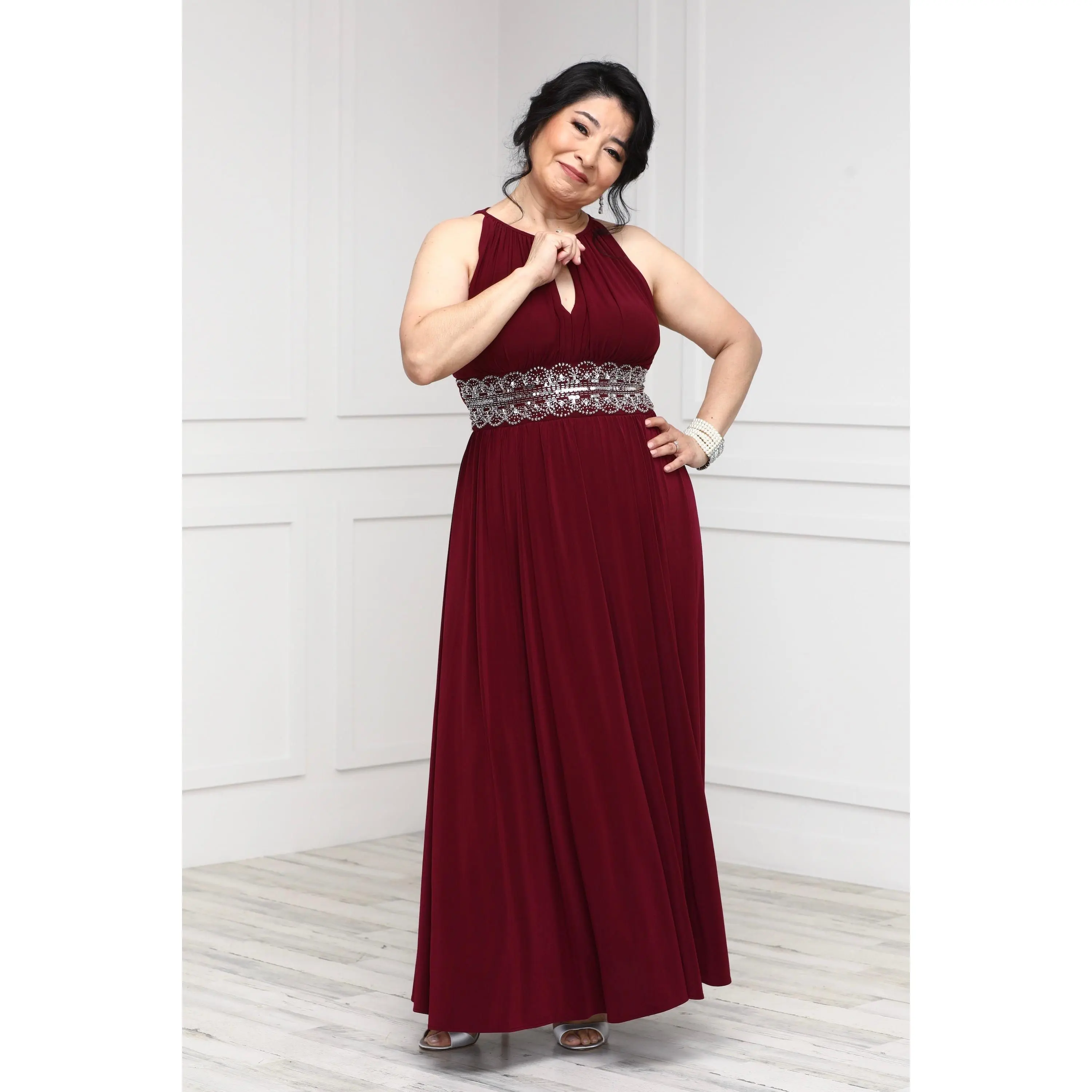 R&M Richards Women's Petite Sleeveless Beaded Designer Evening Gown