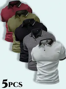 Men's 5-piece premium polo shirt set - button collar, slightly stretchy fabric, suitable for summer workwear formal shirts - short sleeve Dalesan earth yellow knit men's tropical stretch polyester single-layer flat item.