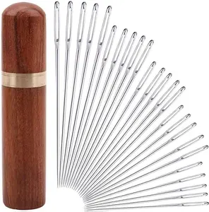 25Pieces Hand Sewing Big Eye Needles Sharp Needle，with Solid Wood Needle Case for