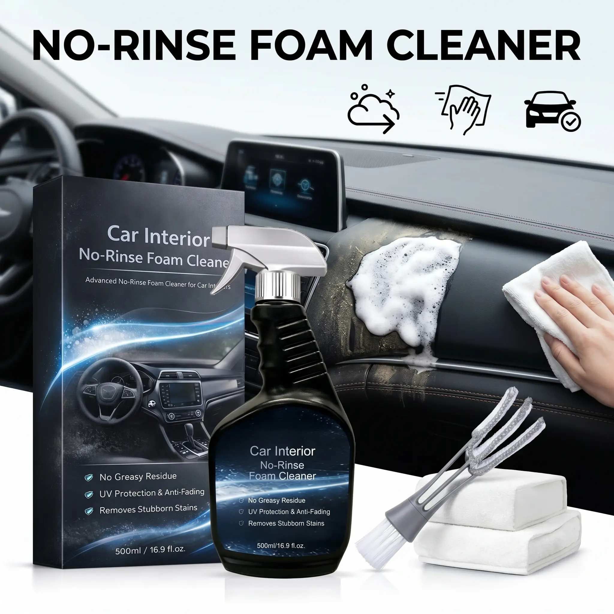 No-Rinse Car Interior Cleaner Foam Spray Detailing Kit (500ml/16.9fl.oz) - Dashboard Leather Cleaner, UV Protection Car Interior Detailing Products, Multi-Surface Stain Remover with Brush & Microfiber Cloths, Car Detailing Products, Cleaning Kit Set Leath