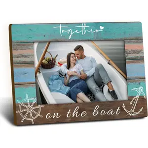 Together on the Boat 4x6 Picture Frame, Boat Lovers Captain Owner Gifts Wooden Picture Frame, Boating Gifts for Women Men, Nautical Anchor Rudder Decorative Photo Frames for Table Desk Decor