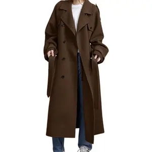 Women's Winter Double Breasted Wool Coat Long Sleeve Notch Lapel Midi Long Winter Trench Coat with Belt