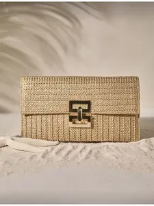 Multi-layer Twist Lock Flap Gold Handbag Woven Design Ideal for Beach Getaway and Christmas New Year Presents