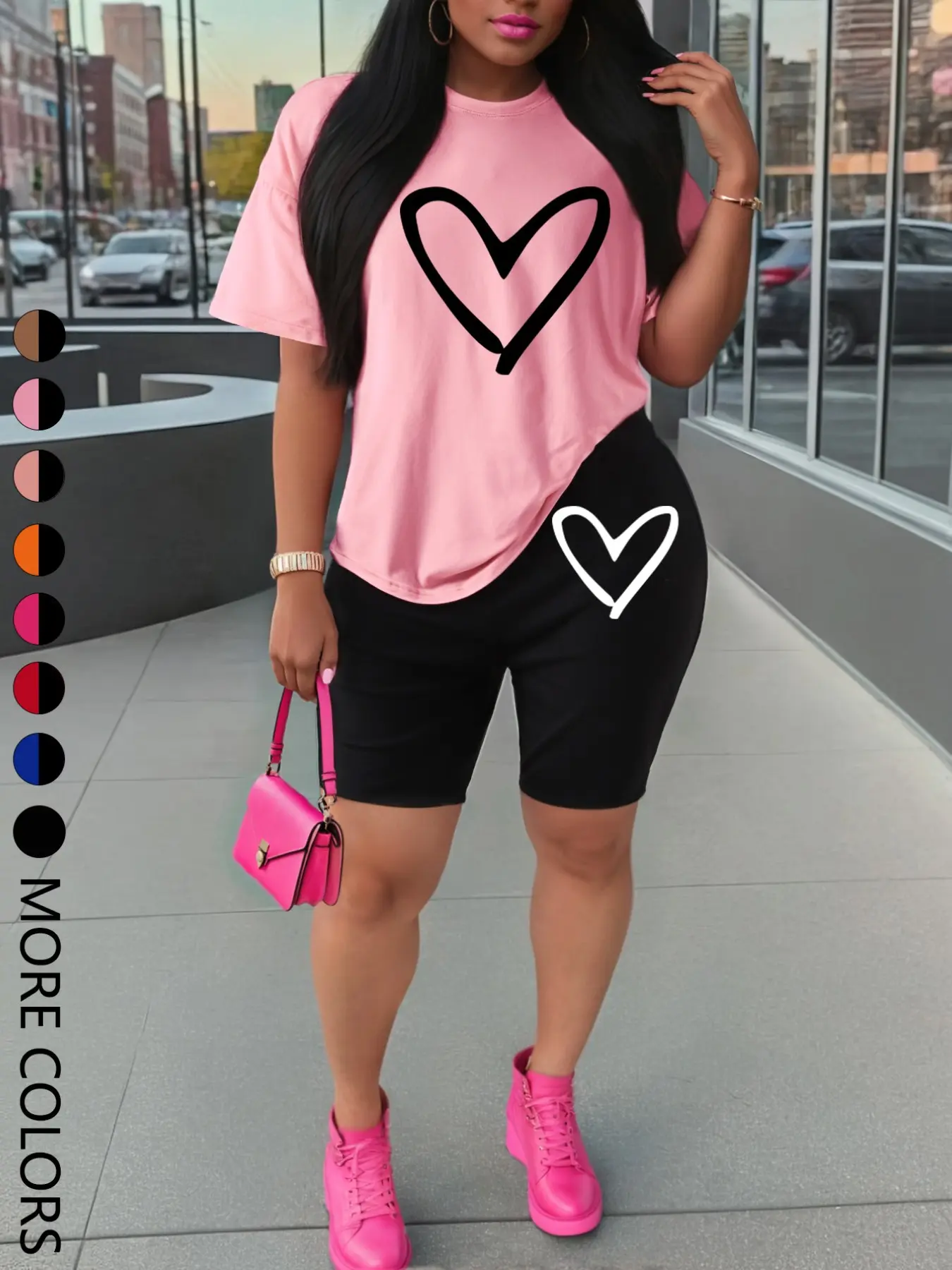 Women's Summer Short Sleeve Tops Shorts Set, Fun Heart Print Design, Casual Fitted Two-Piece for Daily Wear & Outdoor Activities