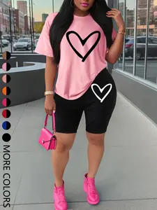 Women's Summer Short Sleeve Shorts Set, Fun Heart Print Design, Casual Fitted Two-Piece for Daily Wear & Outdoor Activities