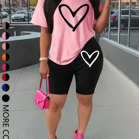 Women's Summer Short Sleeve Tops Shorts Set, Fun Heart Print Design, Casual Fitted Two-Piece for Daily Wear & Outdoor Activities