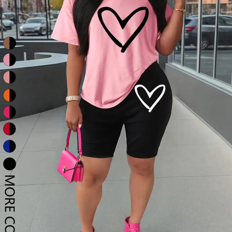 Women's Summer Short Sleeve Tops Shorts Set, Fun Heart Print Design, Casual Fitted Two-Piece for Daily Wear & Outdoor Activities