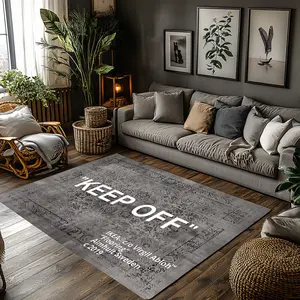 Streetwear Keep Off Letter Vintage Texture Crystal Velvet Area Rug Grey White Non‑Slip Fashion Living Room Rug#KeepOffRug #StreetwearRug #VintageTextureRug #GreyWhiteLetterCarpet #CrystalVelvetRug