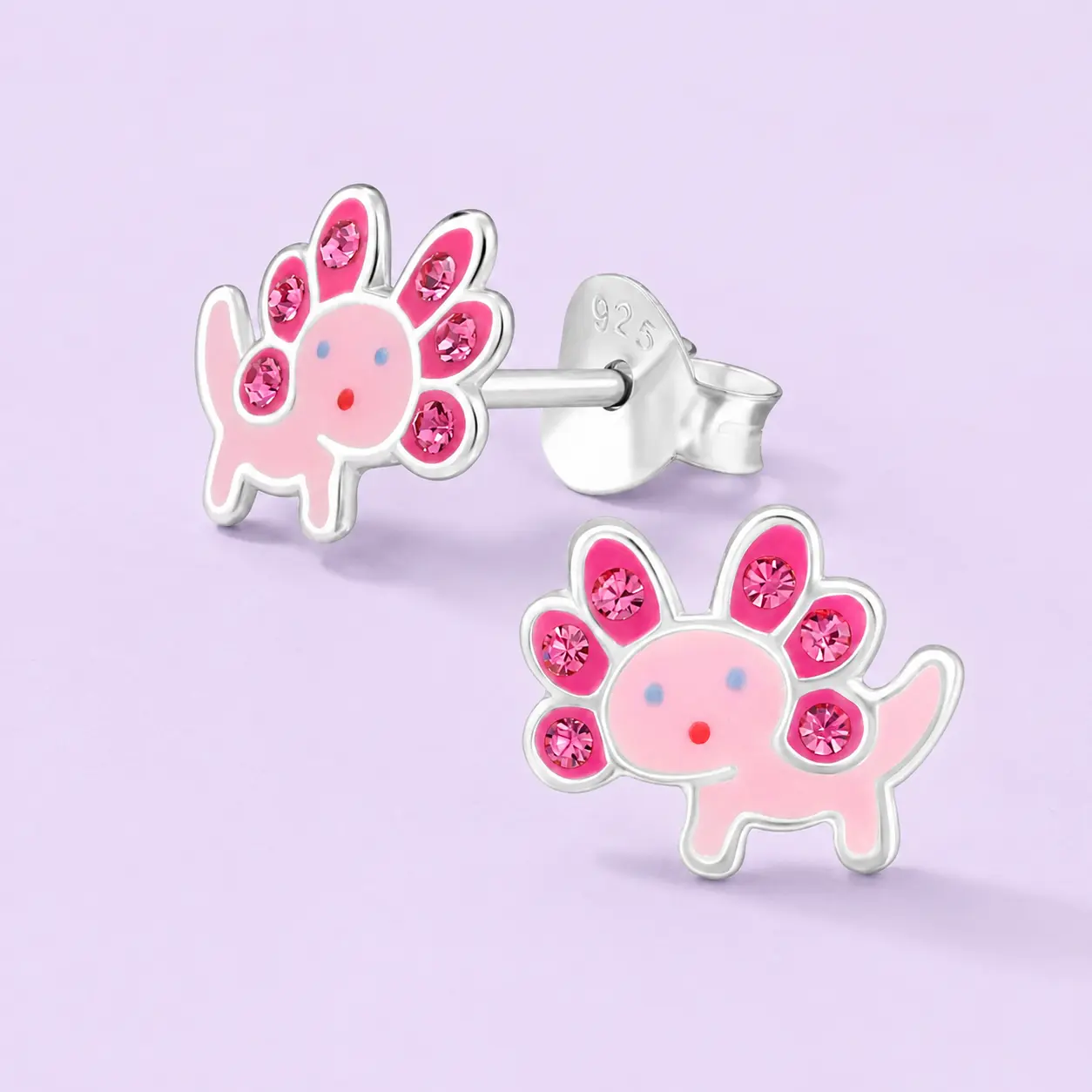 Pink Axolotl Sterling Silver Stud Earrings with Crystal Accents