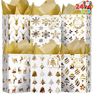 JOYIN 24 Pcs Christmas Foil Gold Gift Bags, Xmas Metallic Present Bags with Tissue Paper and Name Card Tags for Goody Treat Candy Wrapping, Christmas Party Favor, Holiday Wedding Gift Decor